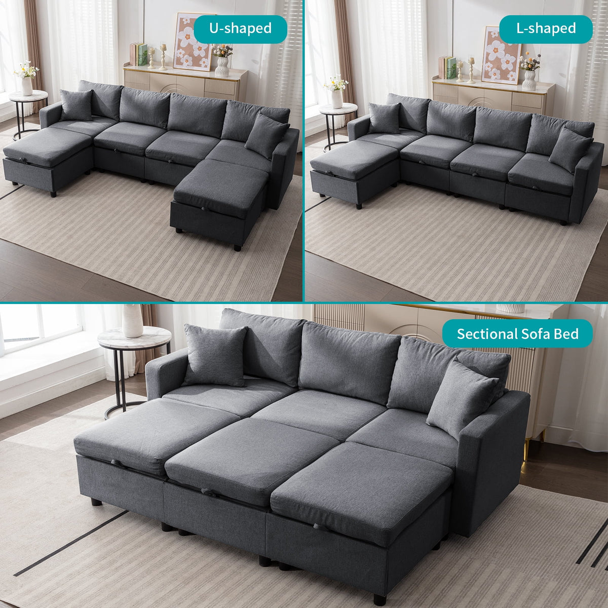 Dark Gray 6-Seater Modular Sectional Sofa with Storage Ottoman F8248