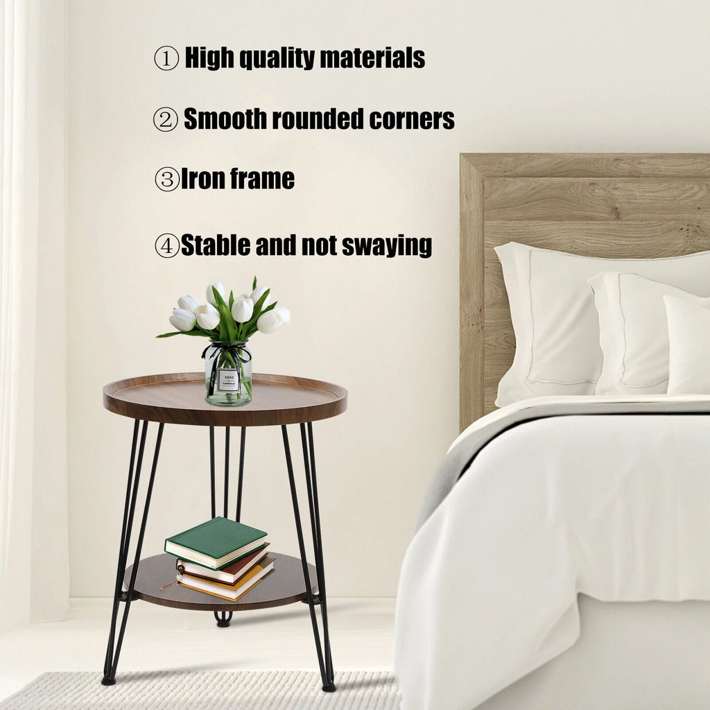 2-Tier Round Sofa End Side Table Nightstand Brown G623