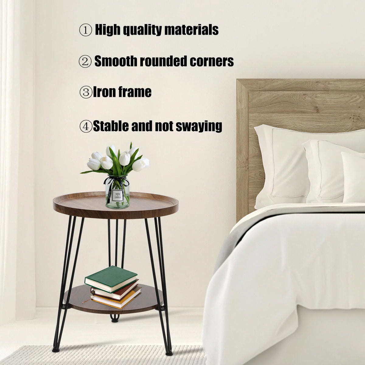 2-Tier Round Sofa End Side Table Nightstand Brown G623