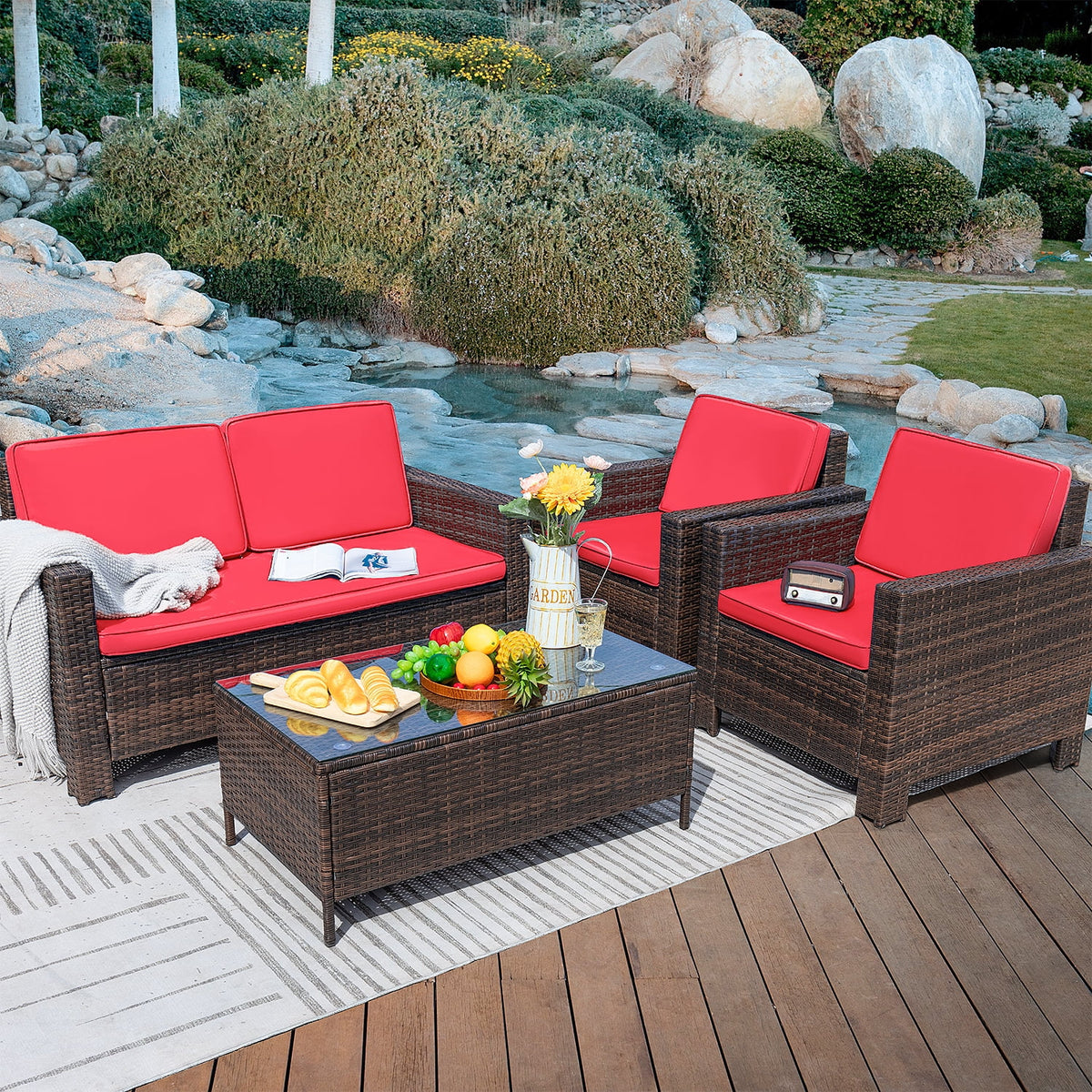 4 Pieces Rattan Wicker Patio Conversation Sofa Set G349
