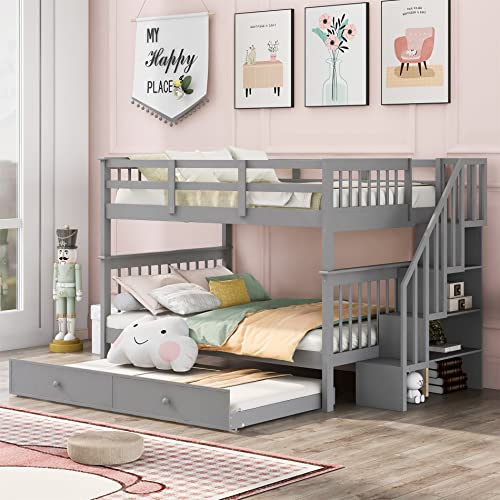 Full Over Full Wood Bunk Bed with Twin Trundle and Stairs, White Y689