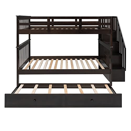 Full Over Full Wood Bunk Bed with Twin Trundle and Stairs, White Y689
