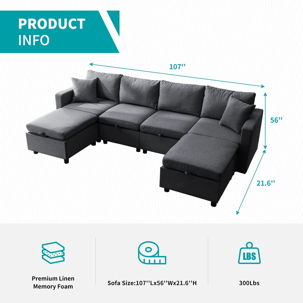 Dark Gray 6-Seater Modular Sectional Sofa with Storage Ottoman F8248