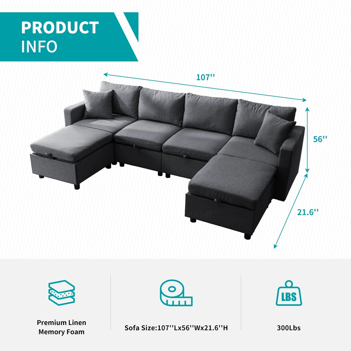 Dark Gray 6-Seater Modular Sectional Sofa with Storage Ottoman F8248
