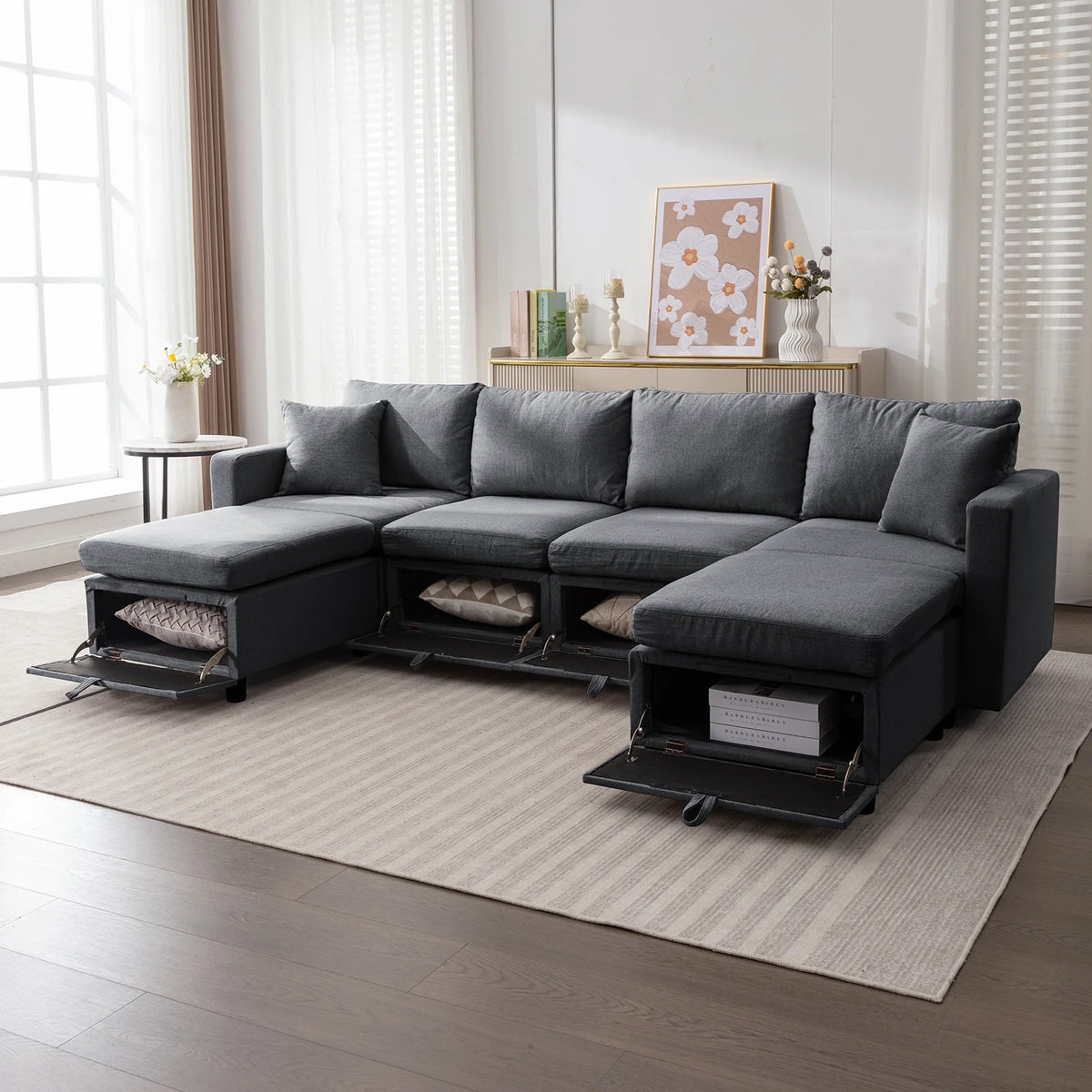 Dark Gray 6-Seater Modular Sectional Sofa with Storage Ottoman F8248