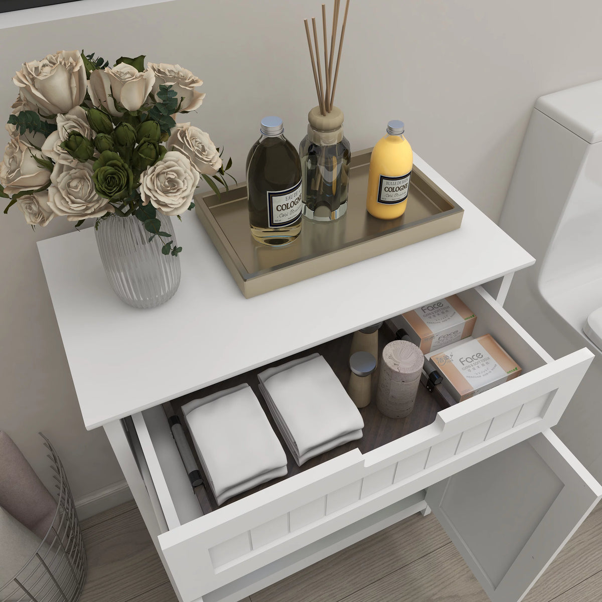 White Wood Bathroom Floor Cabinet 2 Doors 1 Drawer F2092