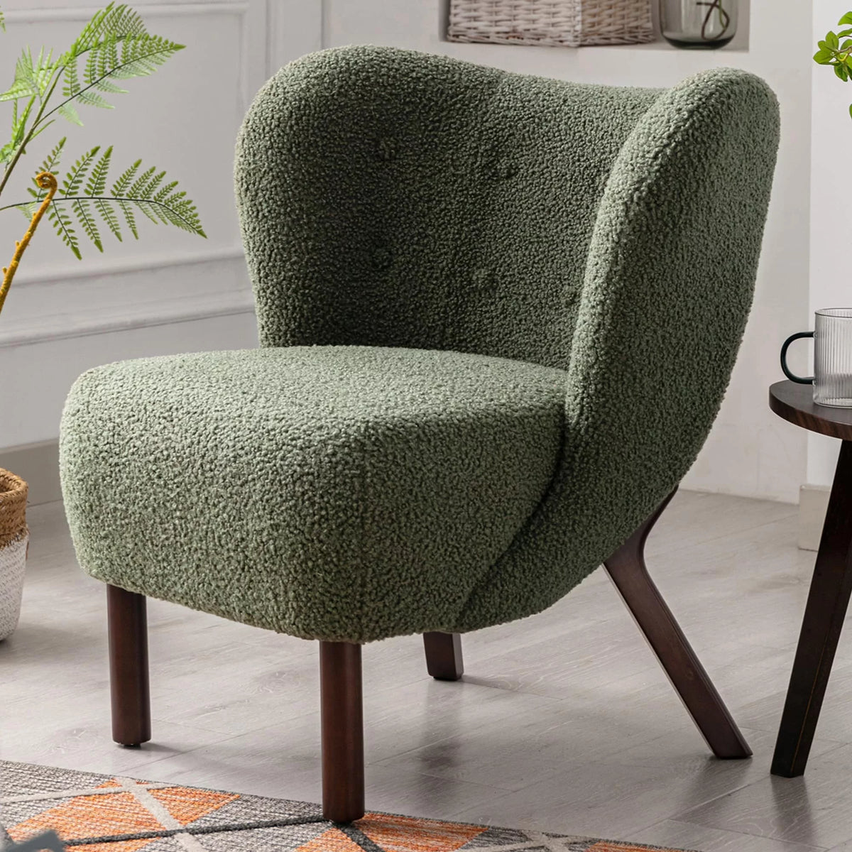 Modern Lambskin Tufted Accent Chair with Solid Wood Legs A37007