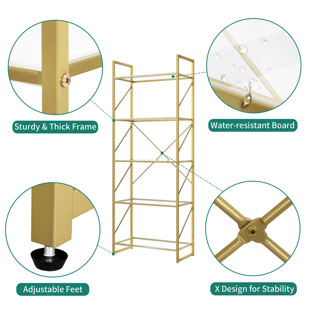 5-Tier Gold Bookshelf with Metal Frame F235