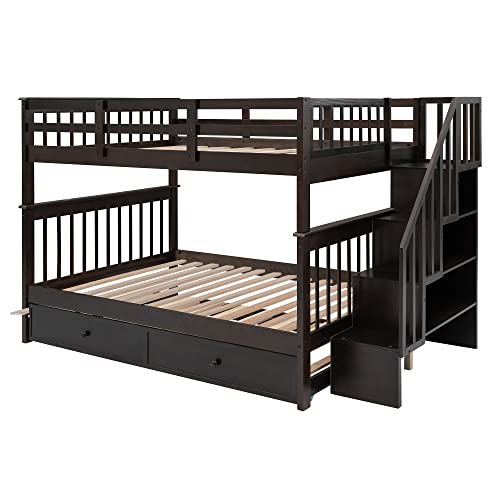 Full Over Full Wood Bunk Bed with Twin Trundle and Stairs, White Y689