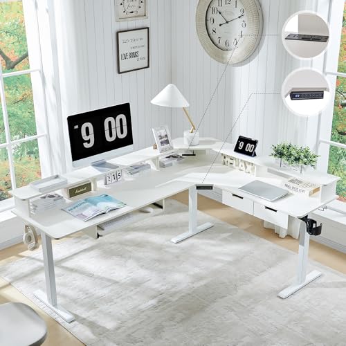 60 Inches L Shaped Electric Standing Desk with Drawers Y65166