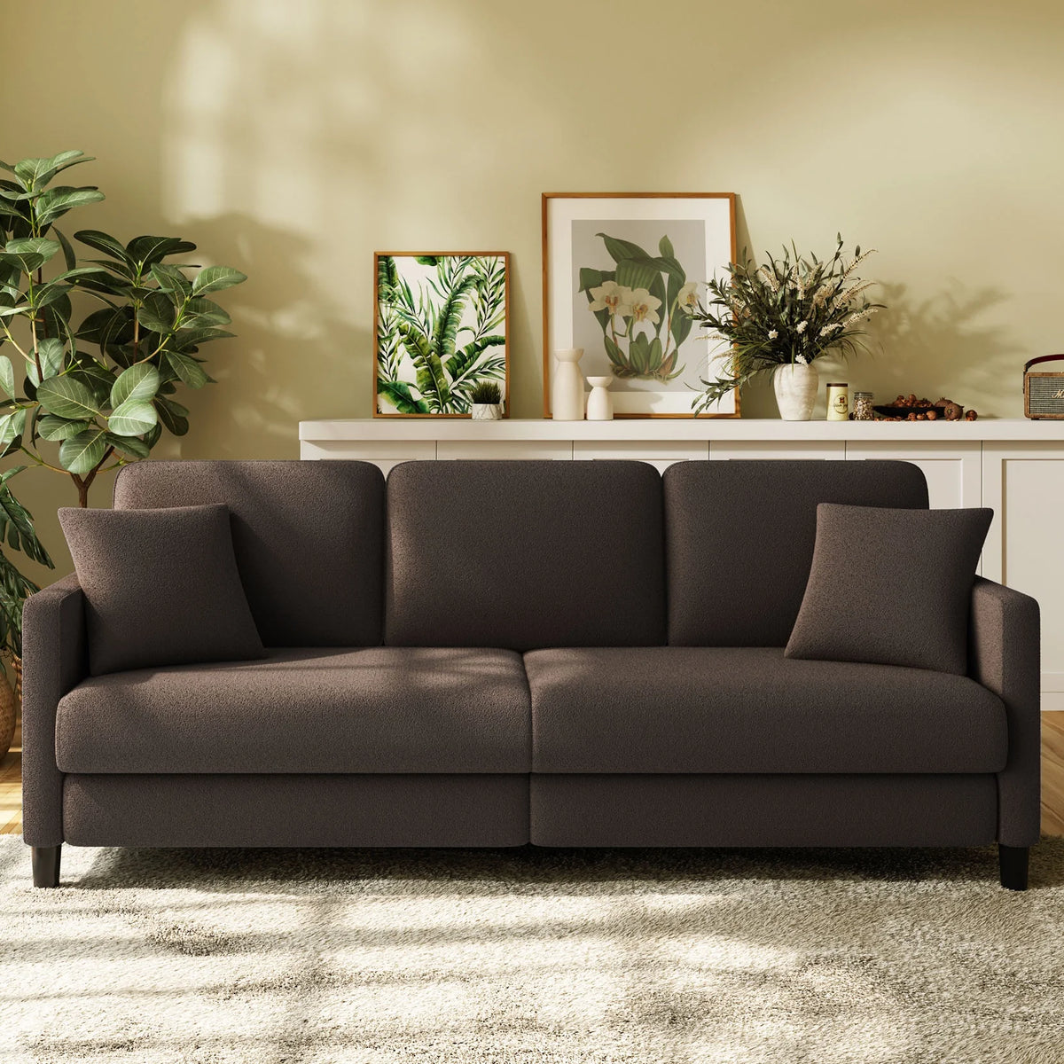 Beige White Teddy Fleece Loveseat Sofa with 2 Pillows K878146