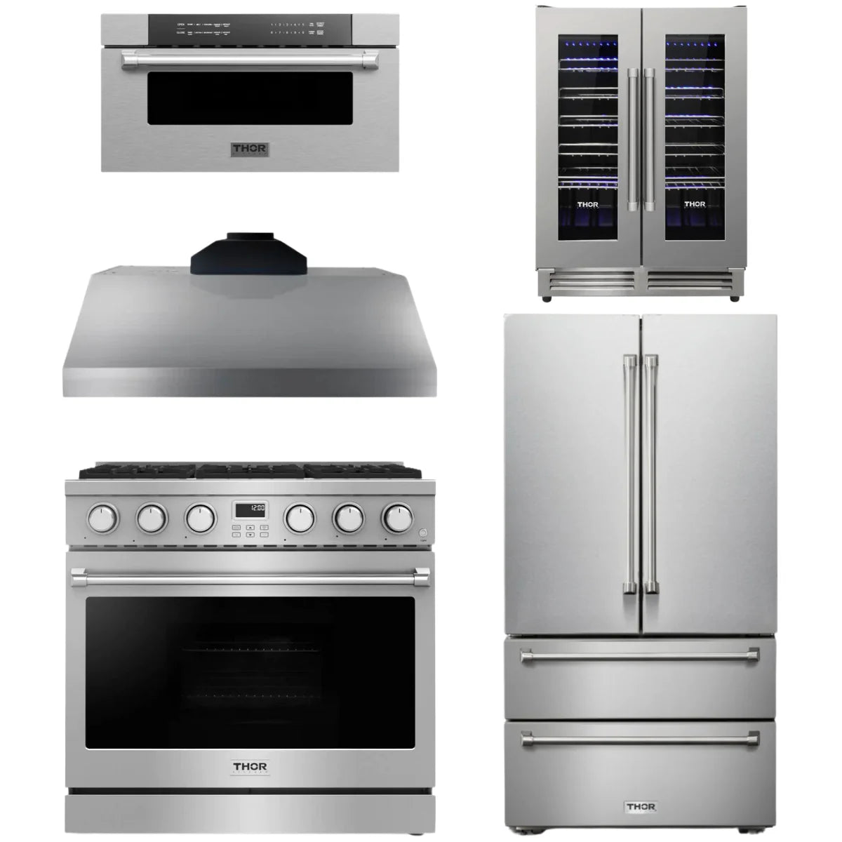 36 Gas Range, Range Hood, Refrigerator, Microwave and Wine Cooler I126142