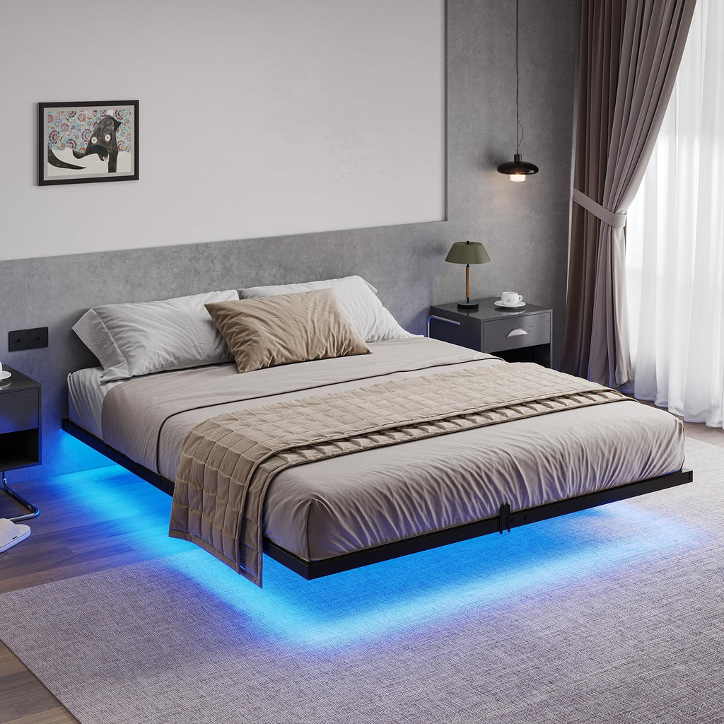 King Size LED Lights Linen Fabric Platform Bed H386299