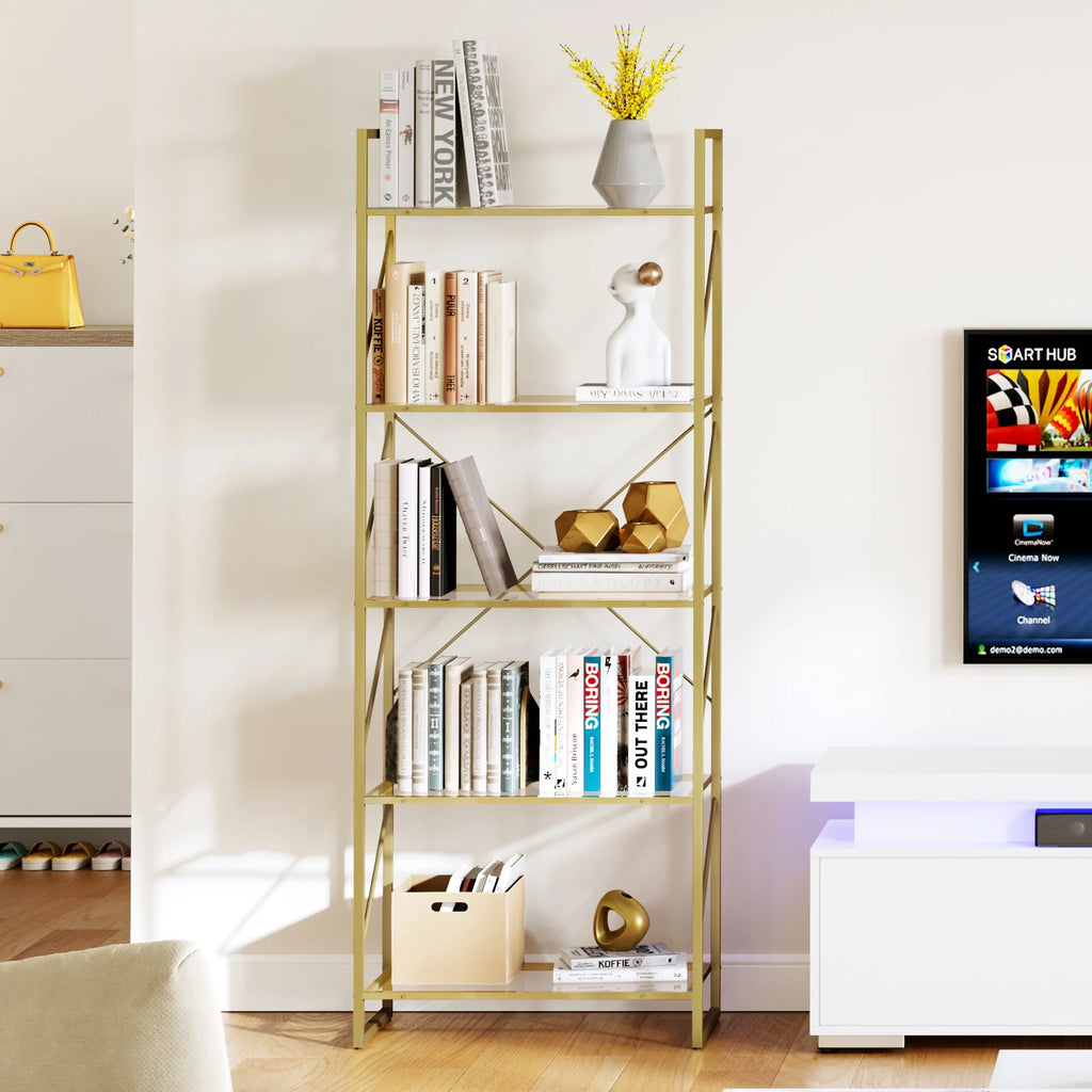 5-Tier Gold Bookshelf with Metal Frame F235