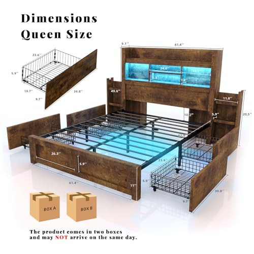 Queen Bed Frame with Bookcase Headboard, 4 Drawers, Charging Station, Rustic Brown B636