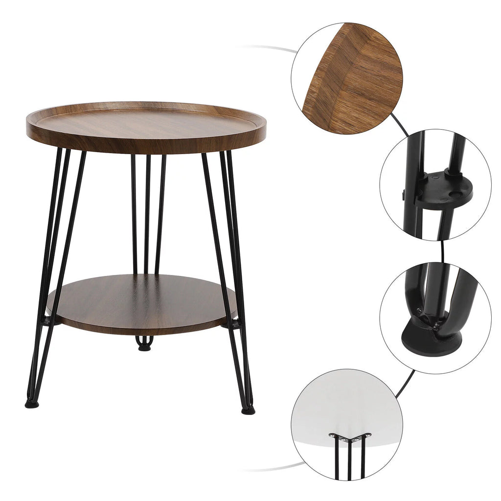 2-Tier Round Sofa End Side Table Nightstand Brown G623