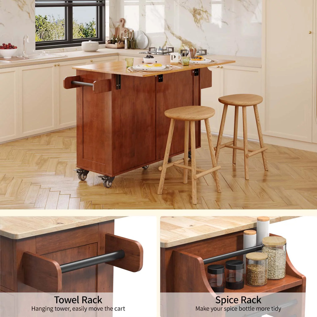 52" Kitchen Island Cart with Storage and Lockable Wheels V9514