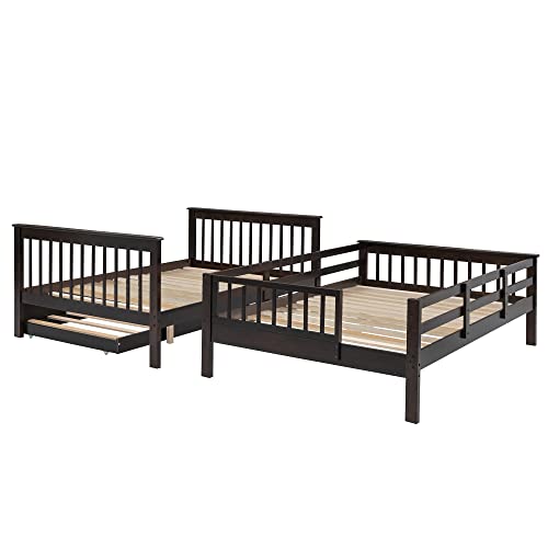 Full Over Full Wood Bunk Bed with Twin Trundle and Stairs, White Y689