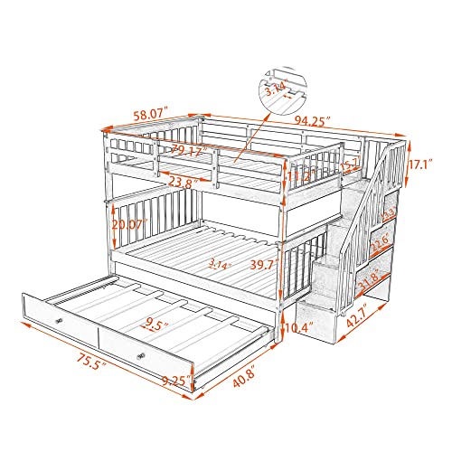 Full Over Full Wood Bunk Bed with Twin Trundle and Stairs, White Y689