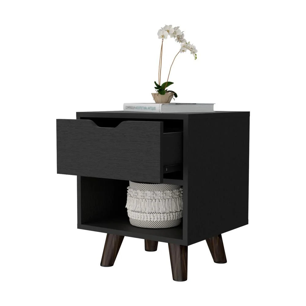 Black Nightstand with Drawer and Open Shelf V351