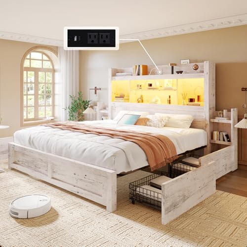Queen Bed Frame with Bookcase Headboard, 4 Drawers, Charging Station, Rustic Brown B636