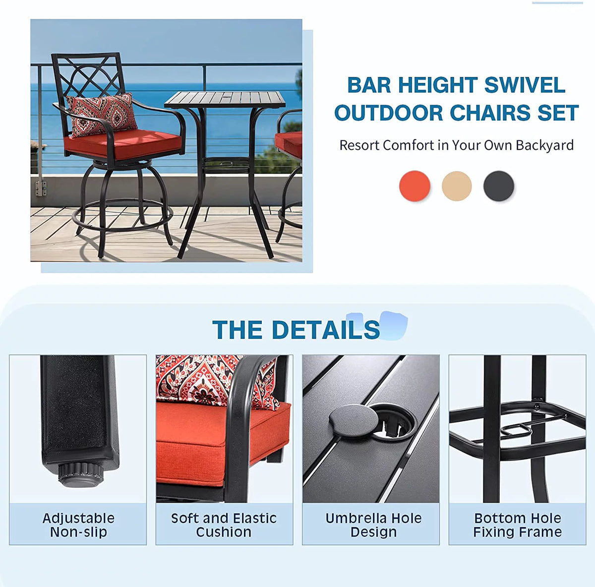 3 Pieces Outdoor Bar Set Metal Swivel Chairs and Steel Slat Square Table O516734