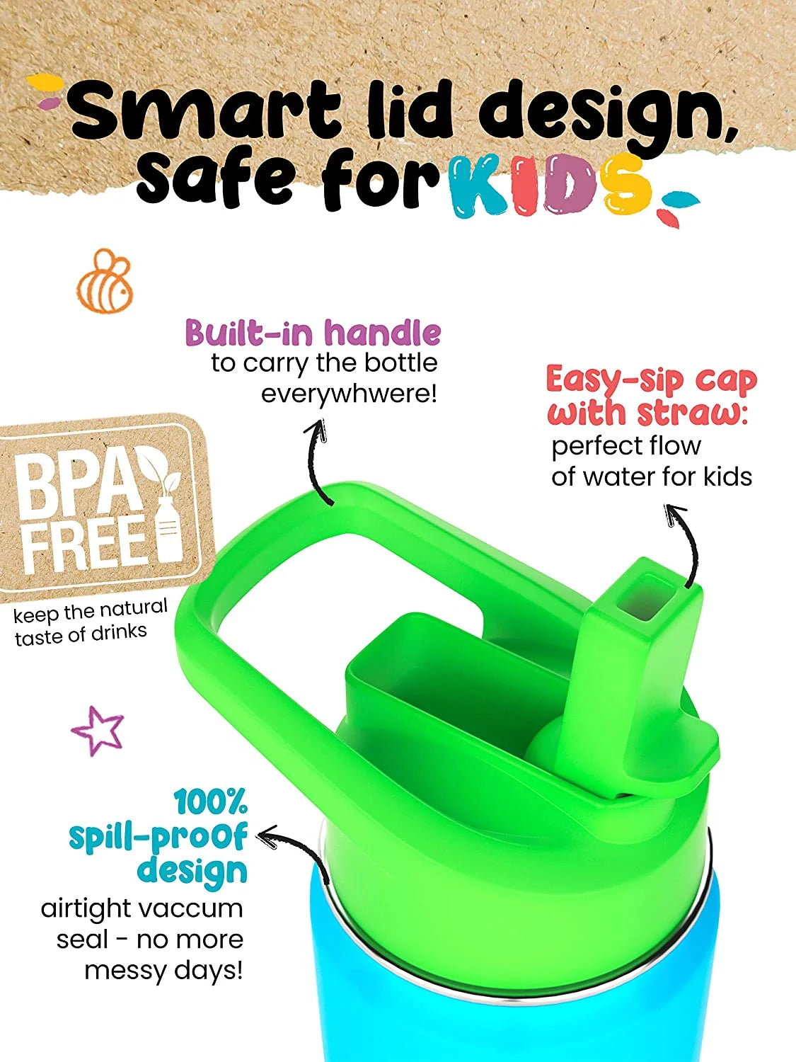12oz Orange Insulated Double Wall Stainless Steel Kids Water Bottle with Straw I608