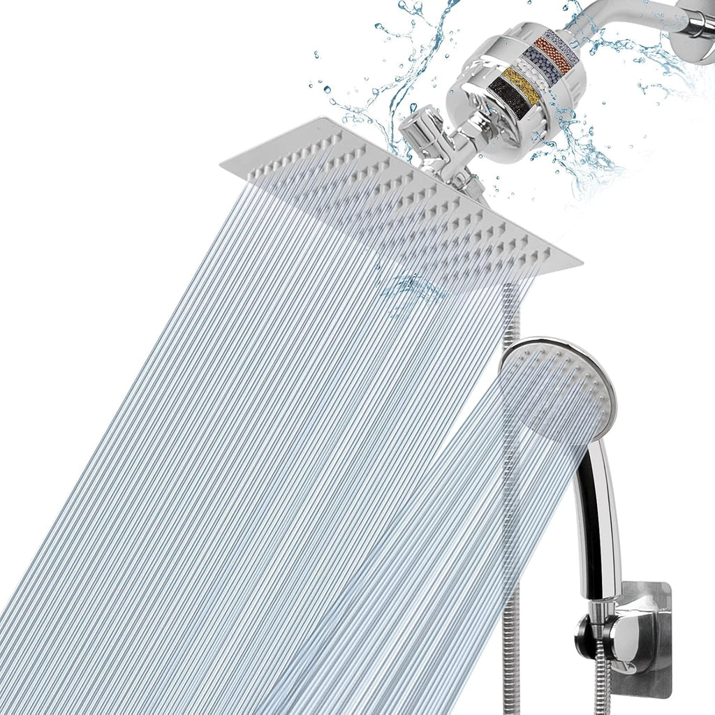 Chrome Finish 8″ Square Rain Shower Head and Handheld Shower Filter Combo with Self-adhesive Holder, 1.5M Hose, 1 Replaceable Filter Cartridge, Pack of 2 K88703