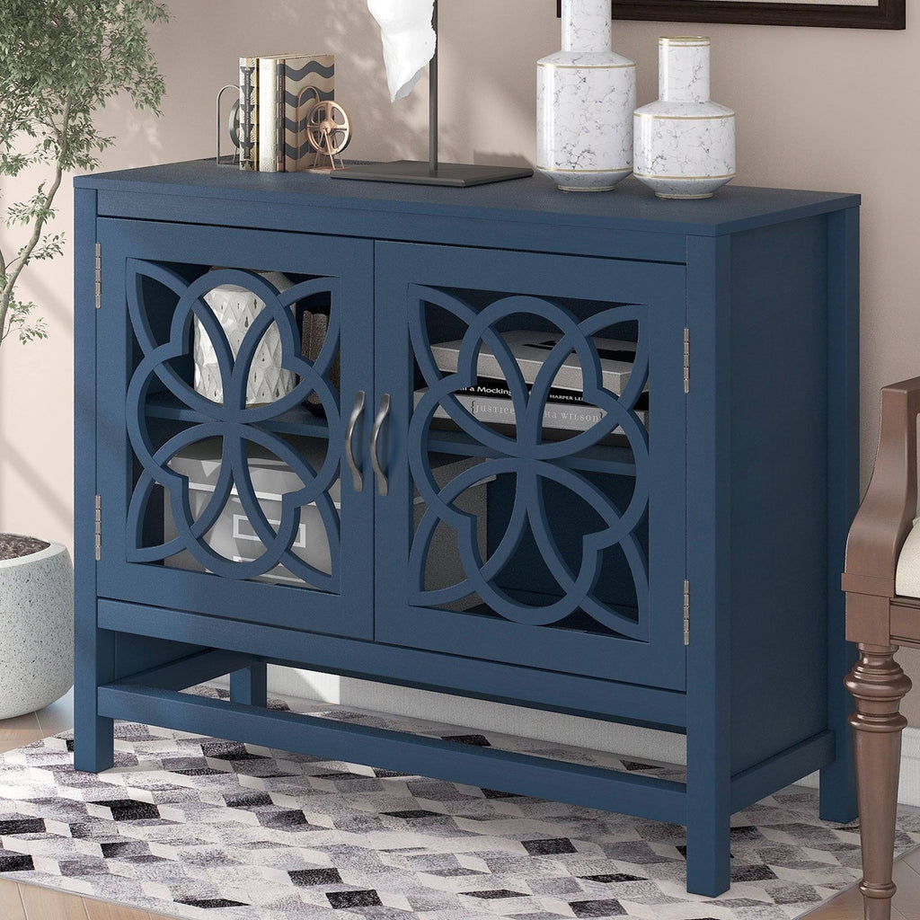Navy Wood Accent Buffet Sideboard Storage Cabinet with Doors & Shelf J904838