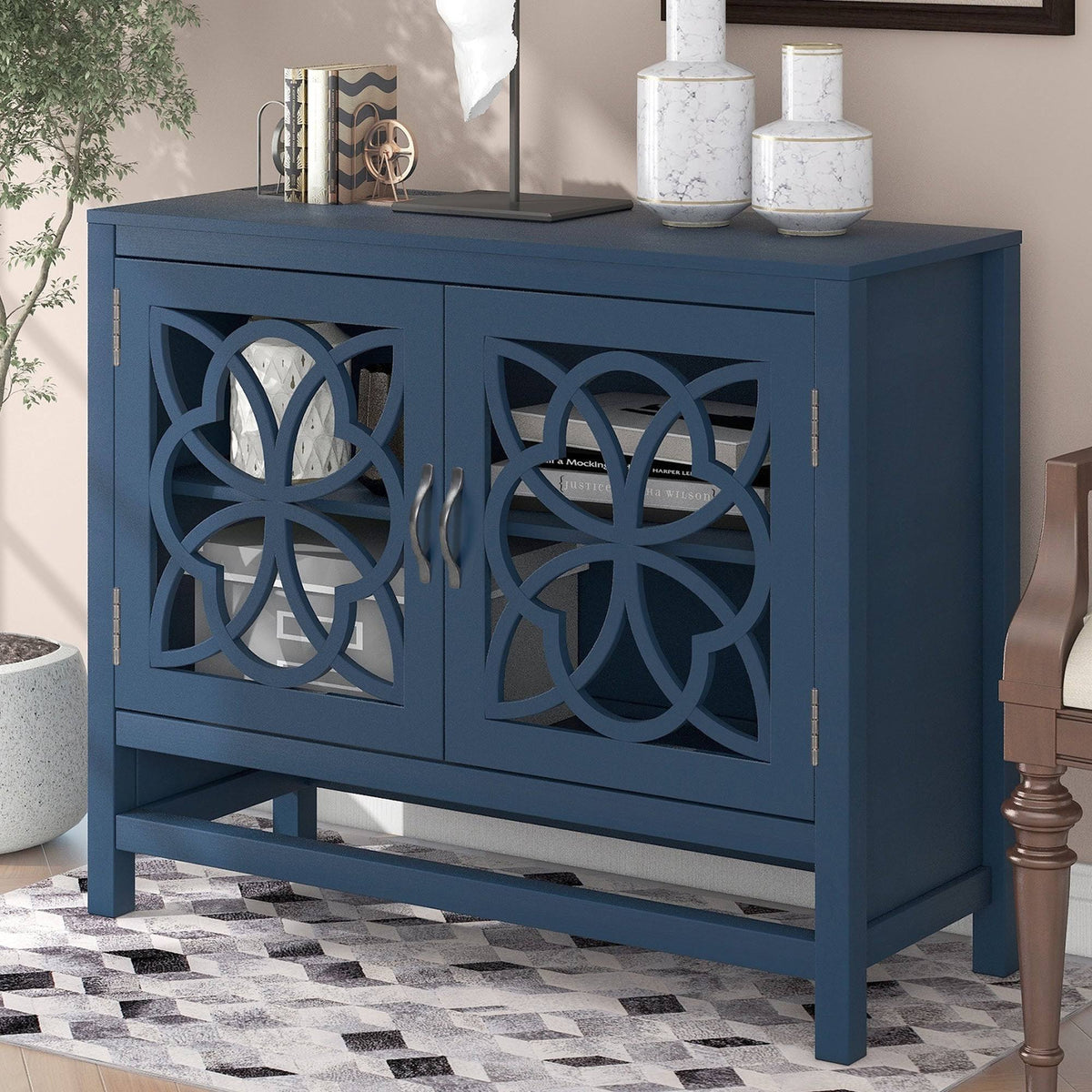 Navy Wood Accent Buffet Sideboard Storage Cabinet with Doors & Shelf J904838
