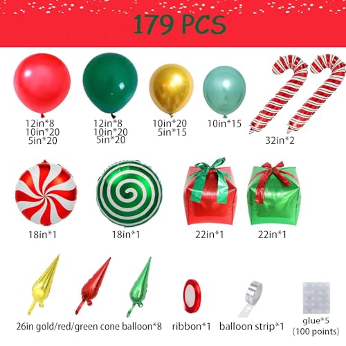 Christmas Balloon Arch Kit, 179PCS Red Green Gold Balloon Garland I45165