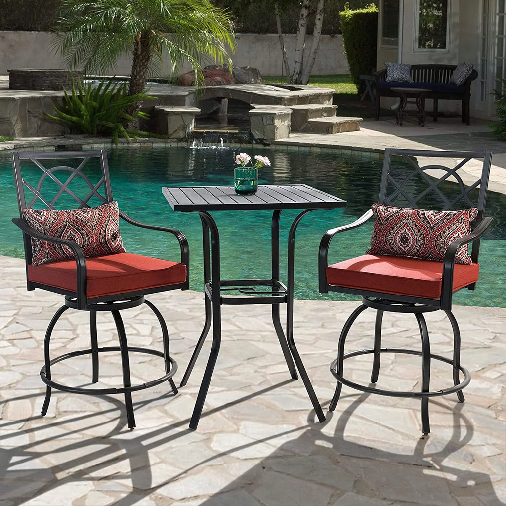 3 Pieces Outdoor Bar Set Metal Swivel Chairs and Steel Slat Square Table O516734