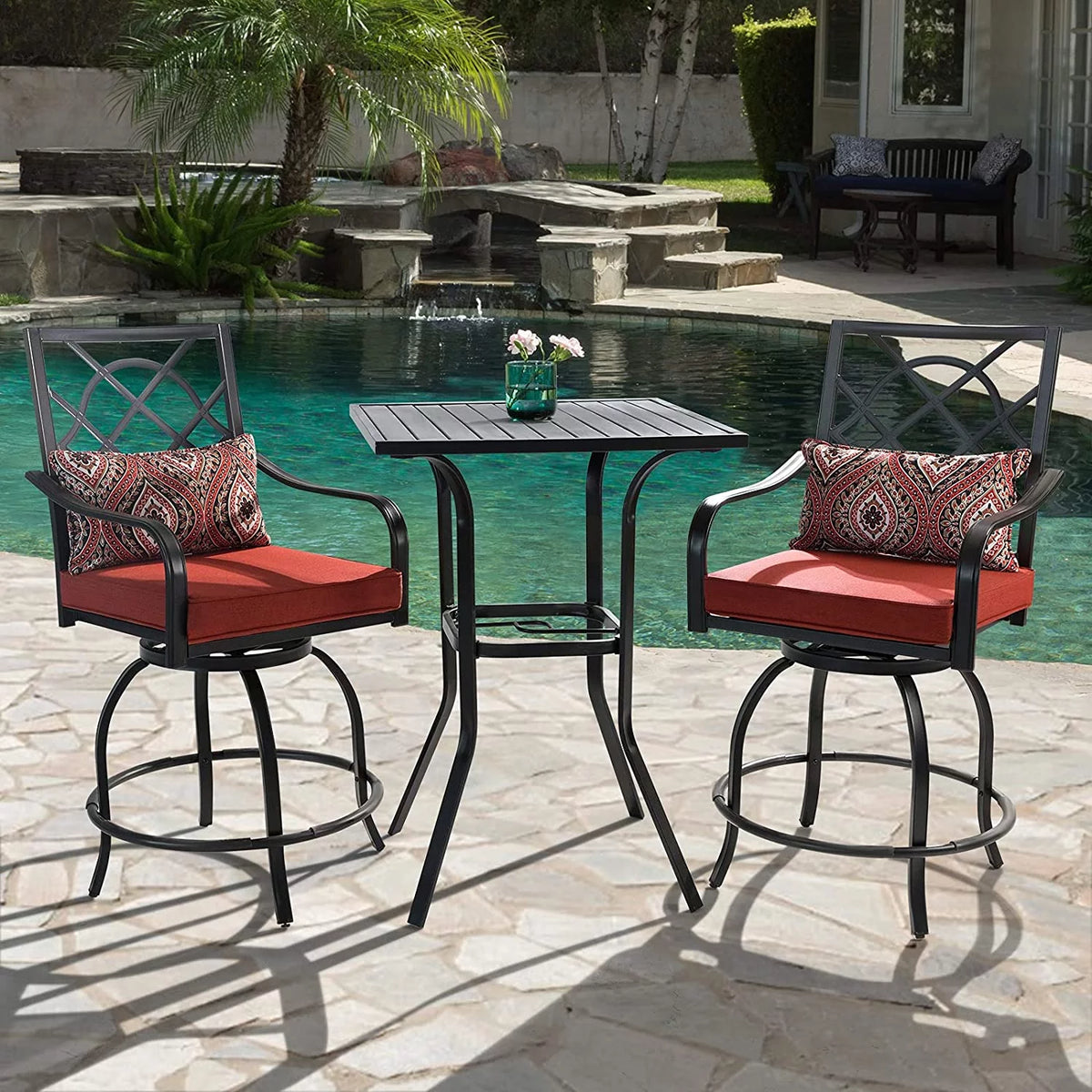 3 Pieces Outdoor Bar Set Metal Swivel Chairs and Steel Slat Square Table O516734