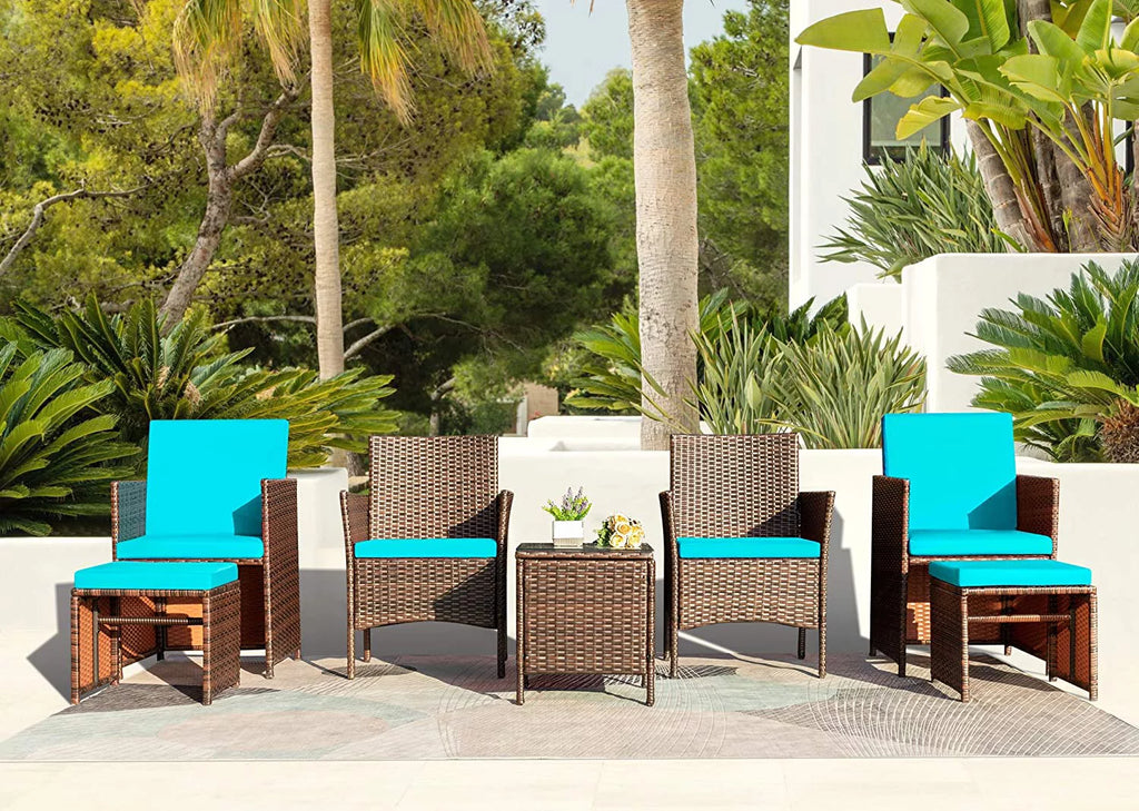 7 Pieces Patio Furniture Set Cushioned Wicker Chairs with Ottoman and Glass Table Z72967