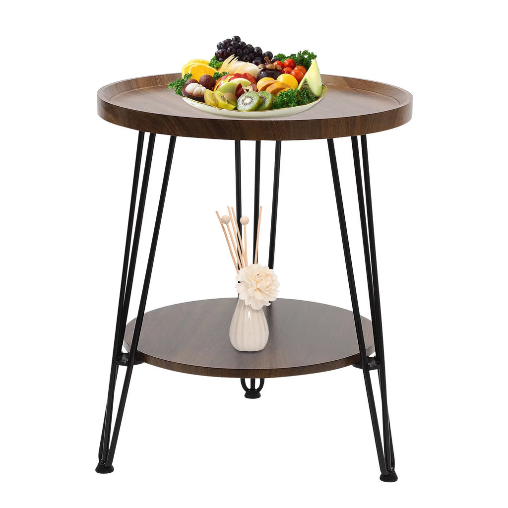 2-Tier Round Sofa End Side Table Nightstand Brown G623