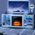 58 Inches TV Stand with Electric Fireplace and LED Light Glass Shelves U57688