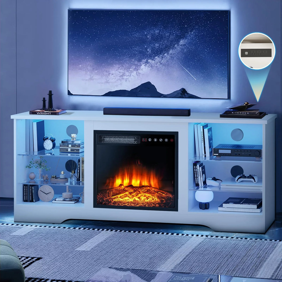 58 Inches TV Stand with Electric Fireplace and LED Light Glass Shelves U57688