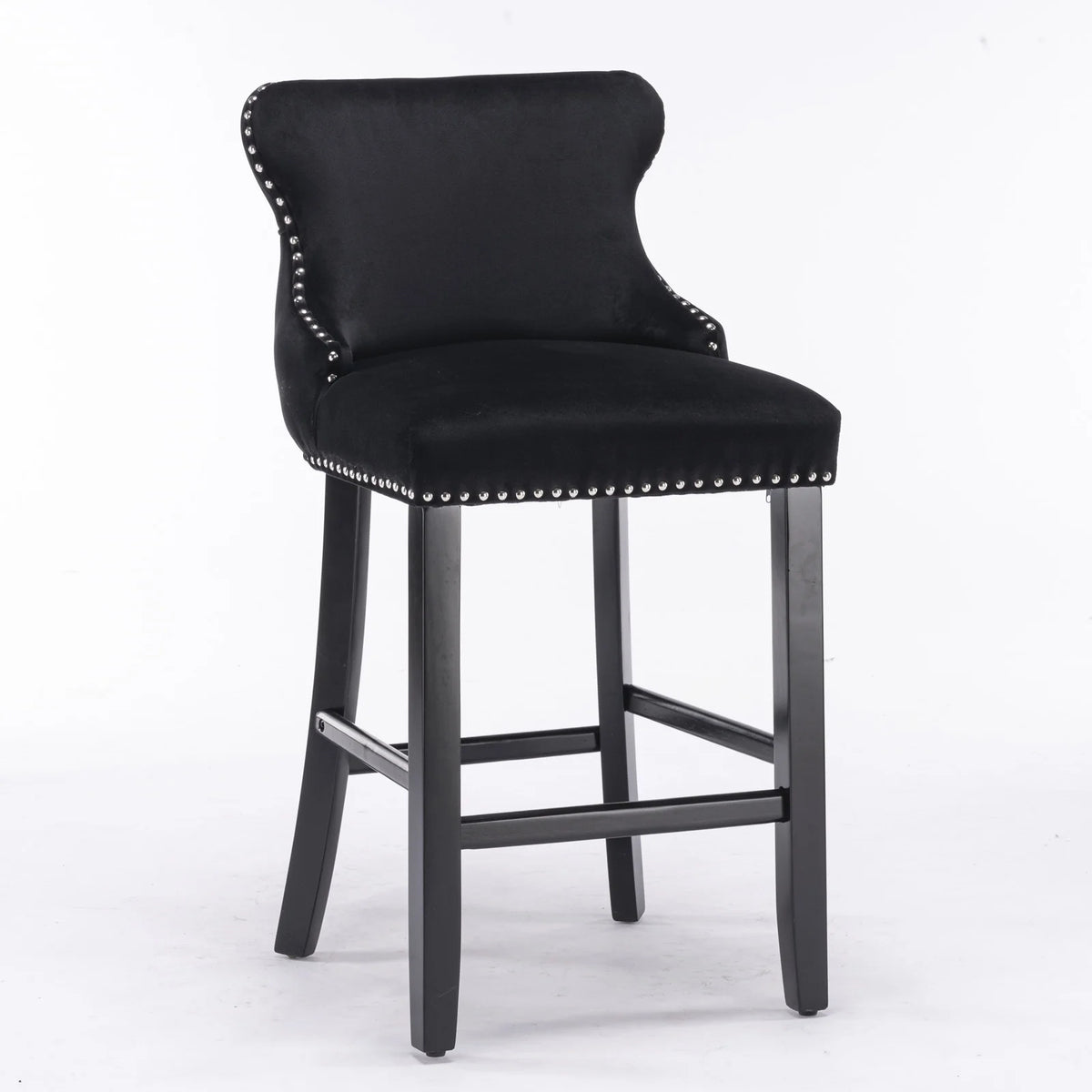 Black Velvet Button Tufted Bar Chairs with Wood Legs, Set of 2 I420108