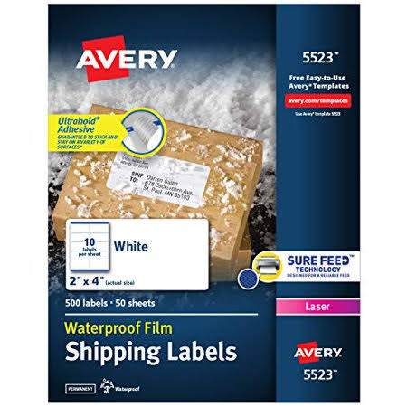 Waterproof Shipping Labels, 2 inch x 4 inch, 500 White Laser Labels I283952
