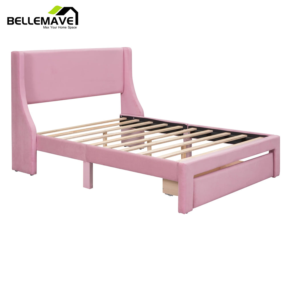 Full Size Pink Velvet Upholstered Platform Bed with Drawer A613