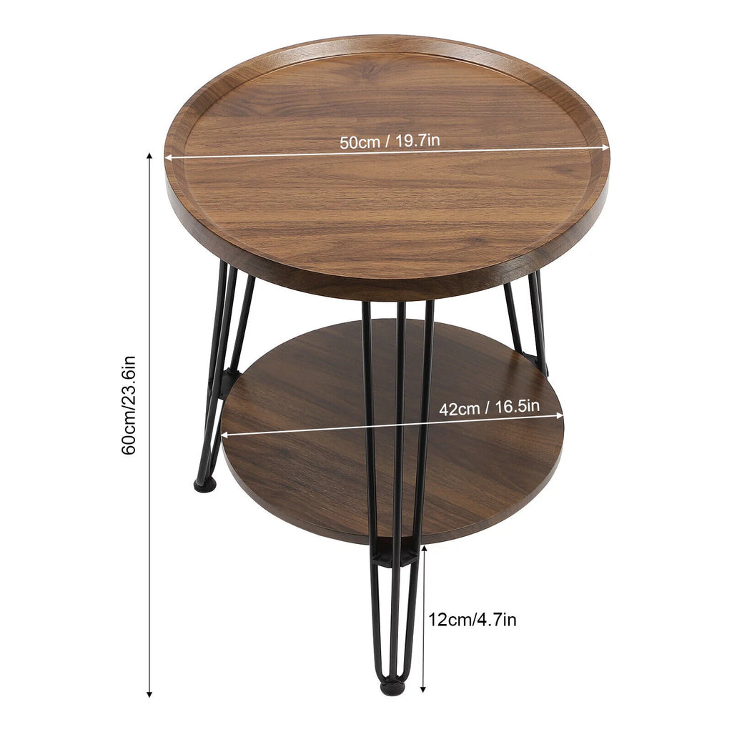 2-Tier Round Sofa End Side Table Nightstand Brown G623