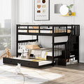 Full Over Full Wood Bunk Bed with Twin Trundle and Stairs, White Y689