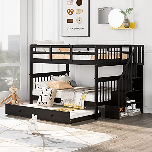 Full Over Full Wood Bunk Bed with Twin Trundle and Stairs, White Y689